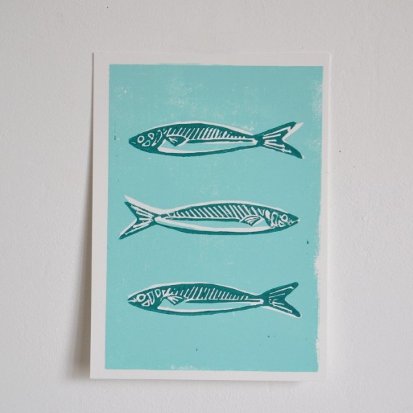 Linogravure originale « les trois sardines »