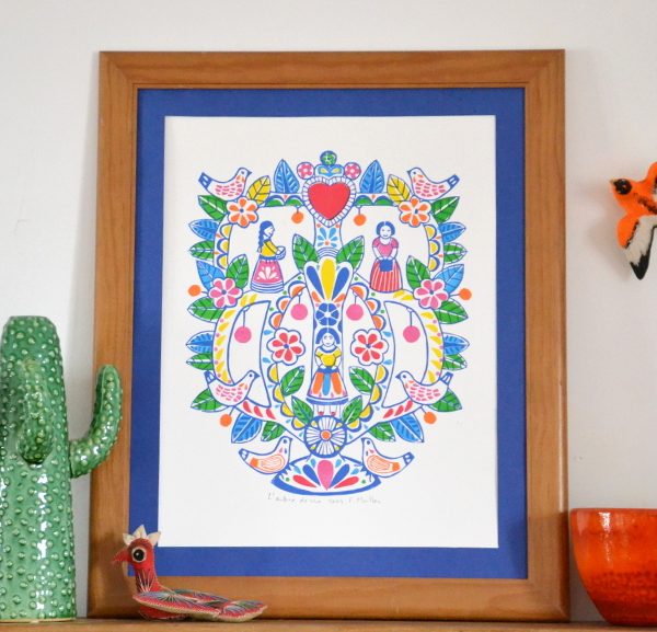 Gravure arbre de vie : tons de bleu