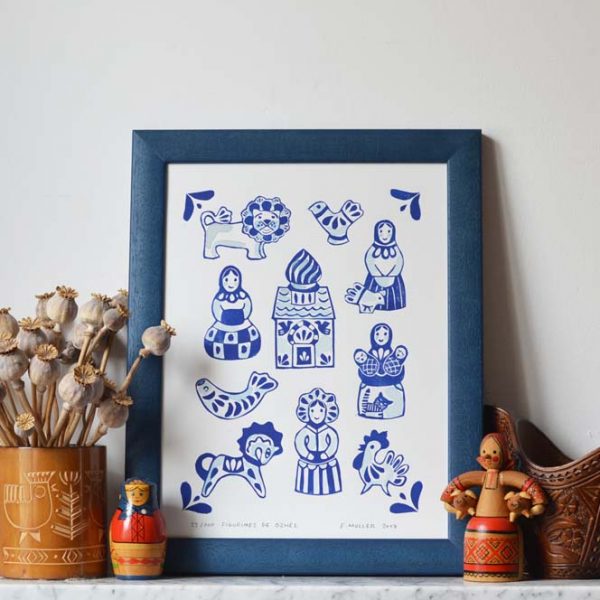 Linogravure folkart russe, figurines Gzhel