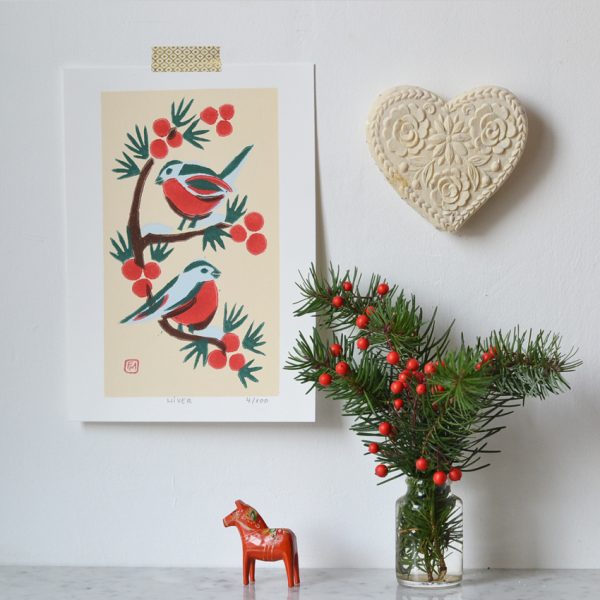 Linogravure Oiseaux en hiver