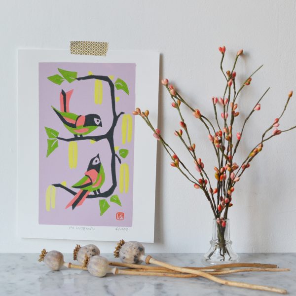 linogravure oiseaux au printemps