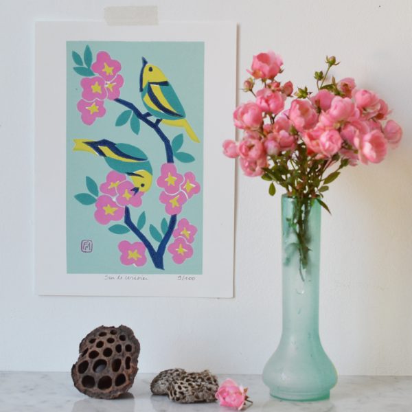 Linogravure : Oiseaux « Sur le cerisier »