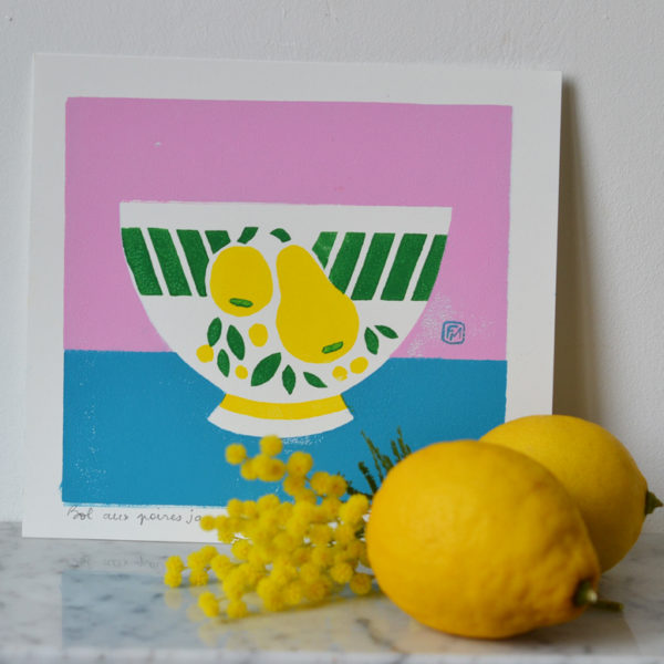 Linogravure : Bol aux poires jaunes