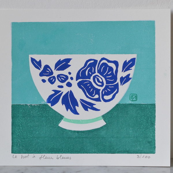 Linogravure : Le bol à fleurs bleues