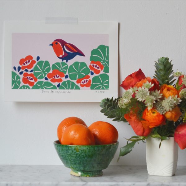 Linogravure « Dans les capucines »