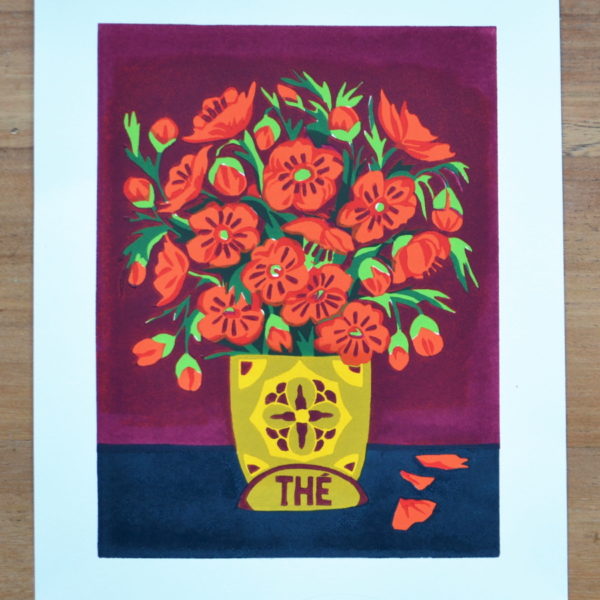 Linogravure originale en réduction « Anémones »