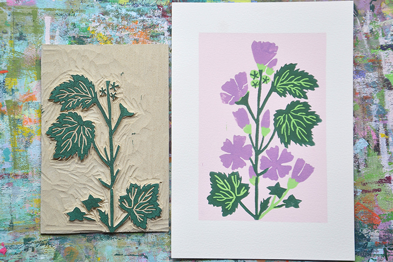 Linogravure botanique : Mauve sylvestre